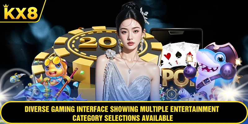 Diverse gaming interface showing multiple entertainment category selections available