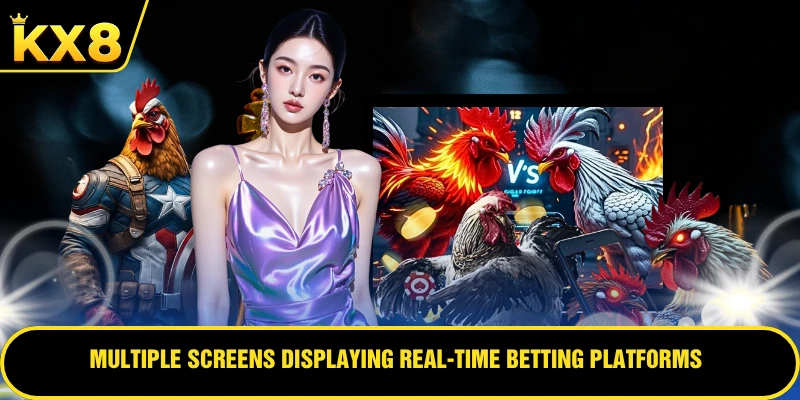 Multiple screens displaying real-time betting platforms