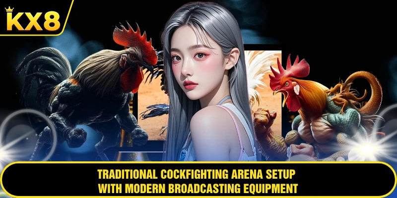 Traditional cockfighting arena setup with modern broadcasting equipment
